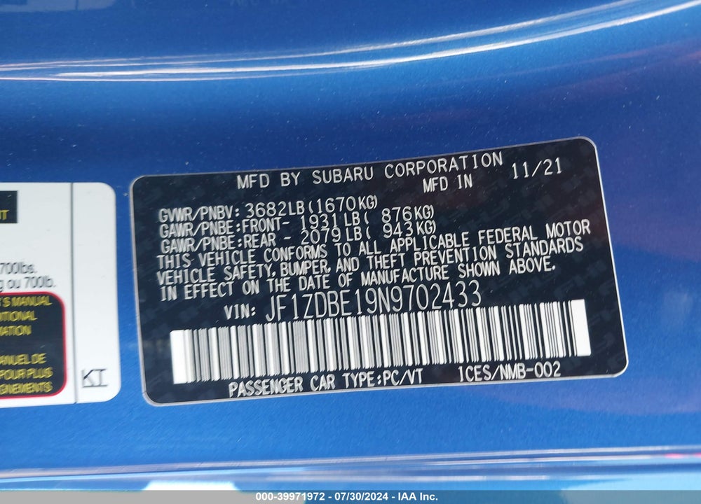 2022 SUBARU BRZ LIMITED VIN: JF1ZDBE19N9702433