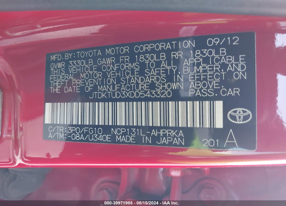2013 TOYOTA YARIS LE VIN: JTDKTUD3XDD543320