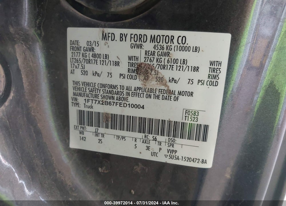 2015 FORD F-250 XL VIN: 1FT7X2B67FED10004