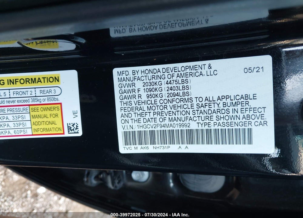 2021 HONDA ACCORD VIN: 1HGCV2F94MA019992