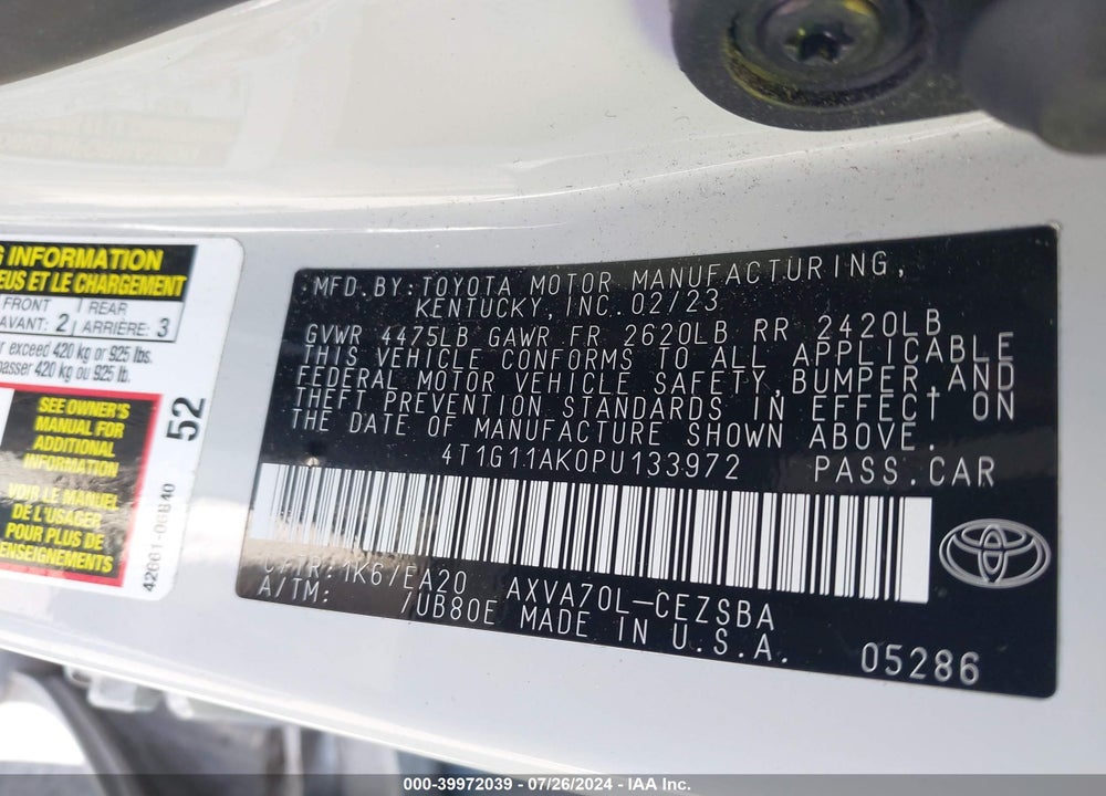 2023 TOYOTA CAMRY SE VIN: 4T1G11AK0PU133972