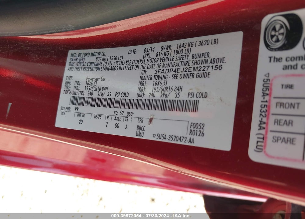 2014 FORD FIESTA SE VIN: 3FADP4EJ2EM227156
