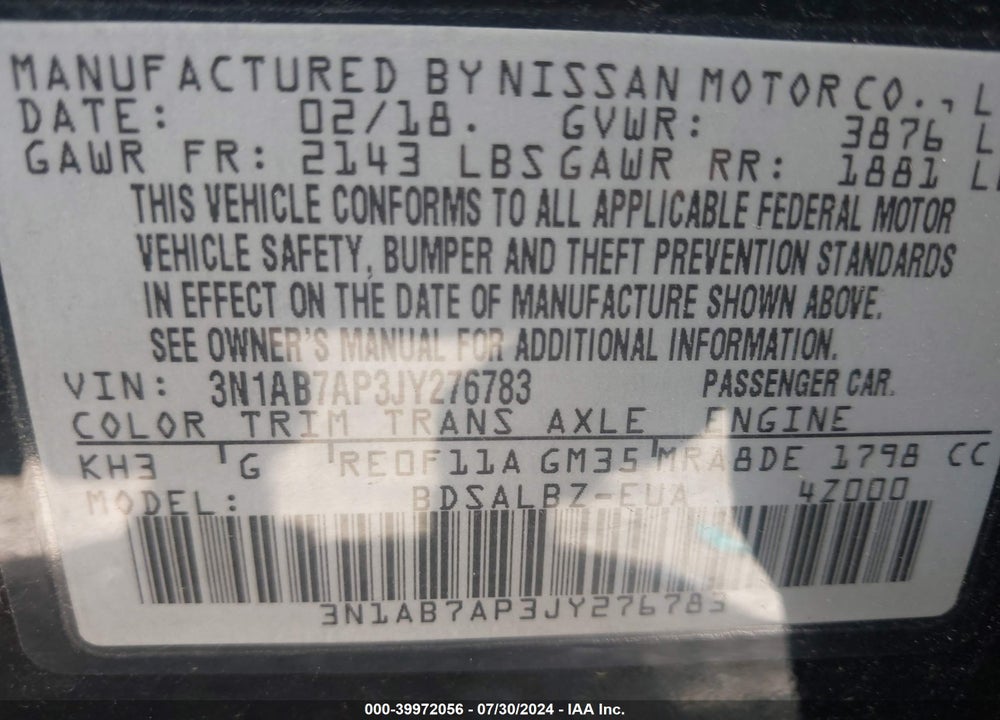 2018 NISSAN SENTRA VIN: 3N1AB7AP3JY276783