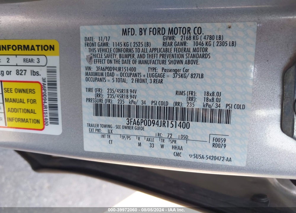 2018 FORD FUSION TITANIUM VIN: 3FA6P0D94JR151400