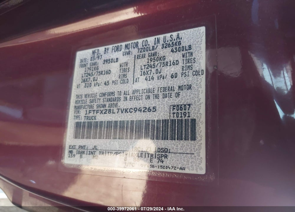 1997 FORD F-250 LARIAT/STANDARD/XL/XLT VIN: 1FTFX28L7VKC94265