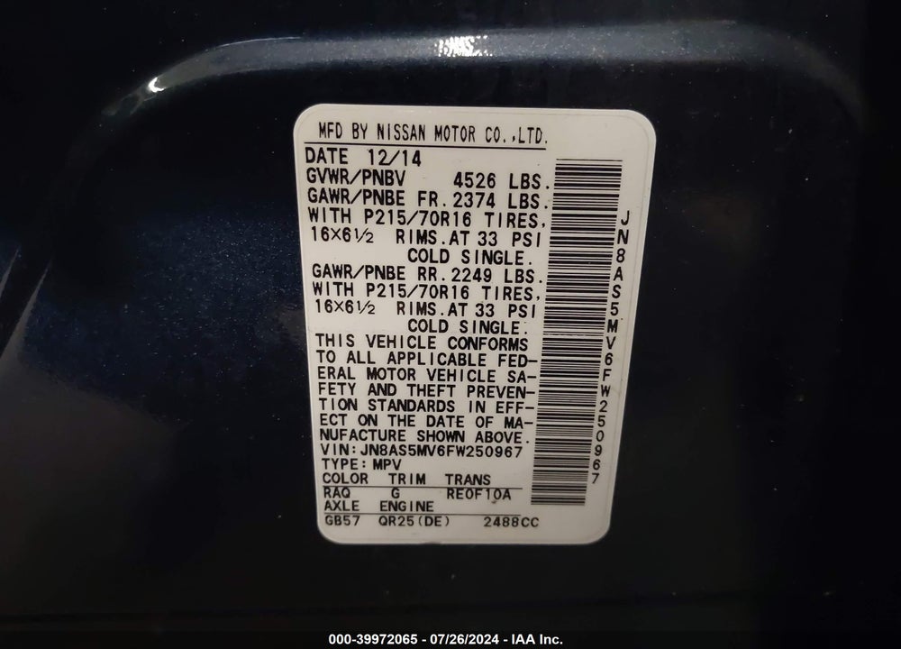 2015 NISSAN ROGUE SELECT VIN: JN8AS5MV6FW250967