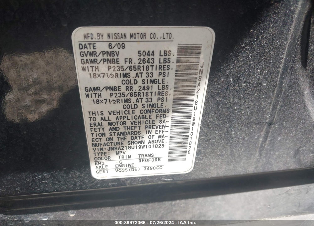 2009 NISSAN MURANO SL VIN: JN8AZ18U19W101828
