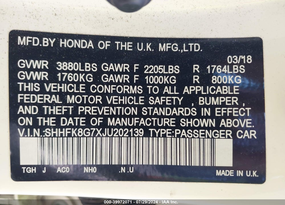 2018 HONDA CIVIC TYPE-R TOURING VIN: SHHFK8G7XJU202139