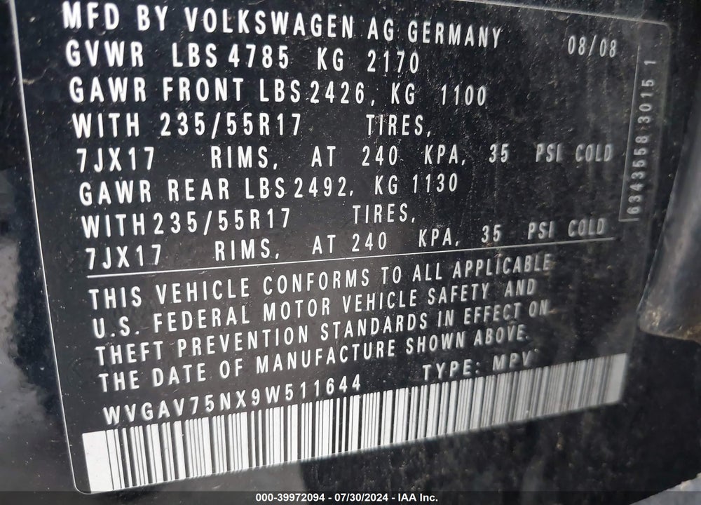 2009 VOLKSWAGEN TIGUAN S/SE/SEL VIN: WVGAV75NX9W511644