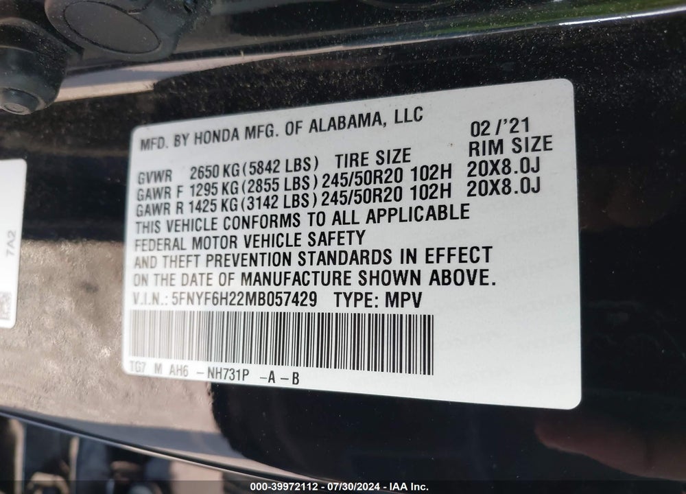 2021 HONDA PILOT AWD SPECIAL EDITION VIN: 5FNYF6H22MB057429