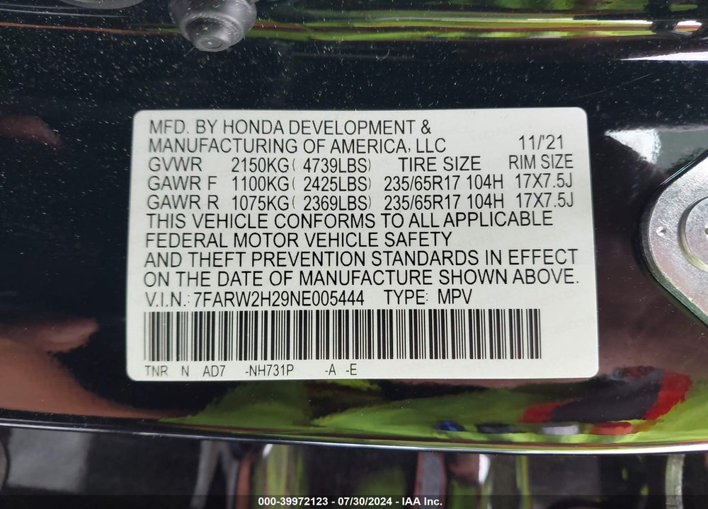 2022 HONDA CR-V VIN: 7FARW2H29NE005444