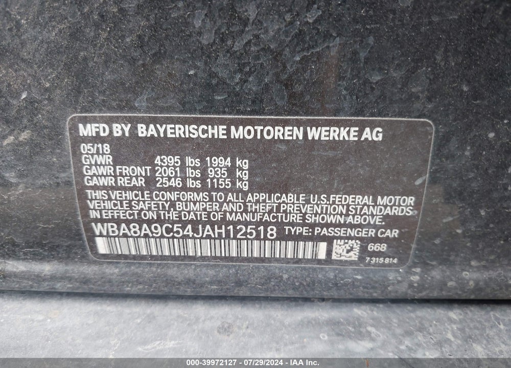 2018 BMW 320I VIN: WBA8A9C54JAH12518