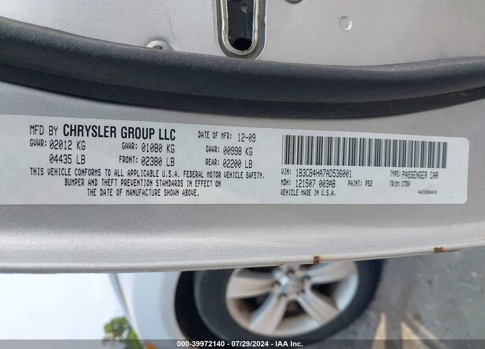 2010 DODGE CALIBER SXT VIN: 1B3CB4HA7AD536001