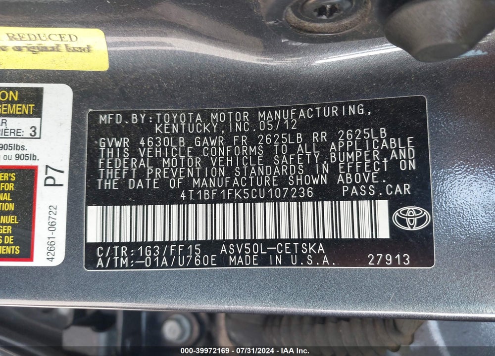 2012 TOYOTA CAMRY SE VIN: 4T1BF1FK5CU107236