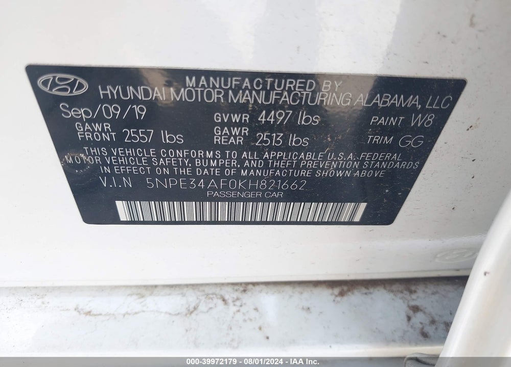 2019 HYUNDAI SONATA LIMITED VIN: 5NPE34AF0KH821662