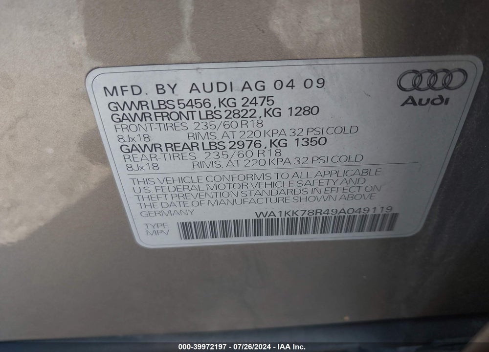 2009 AUDI Q5 3.2 PREMIUM VIN: WA1KK78R49A049119