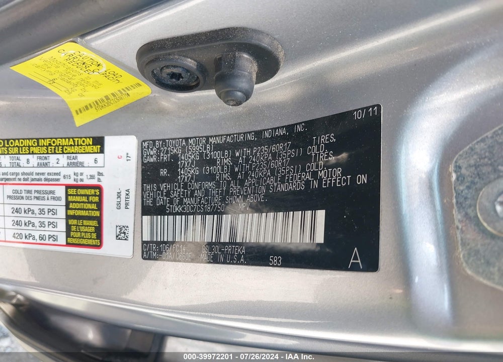 2012 TOYOTA SIENNA LE V6 8 PASSENGER VIN: 5TDKK3DC7CS187750