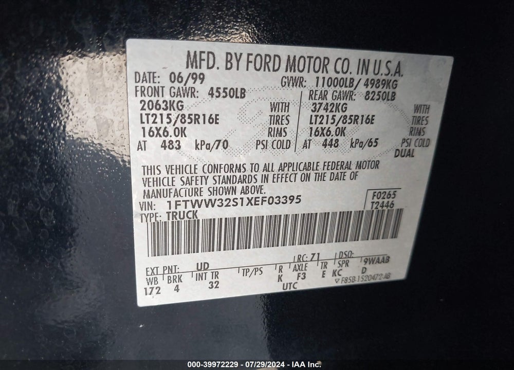 1999 FORD F-350 LARIAT/XL/XLT VIN: 1FTWW32S1XEF03395