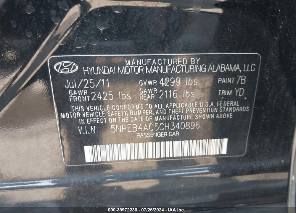 2012 HYUNDAI SONATA GLS VIN: 5NPEB4AC5CH340896