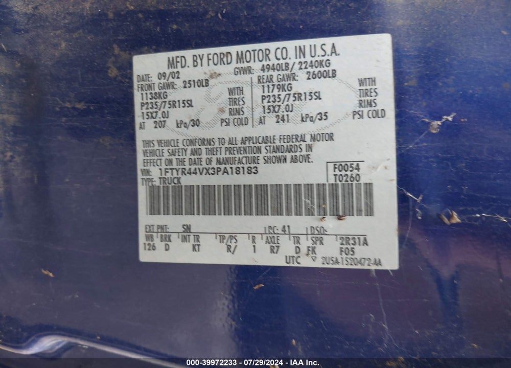 2003 FORD RANGER EDGE/TREMOR/XLT VIN: 1FTYR44VX3PA18183