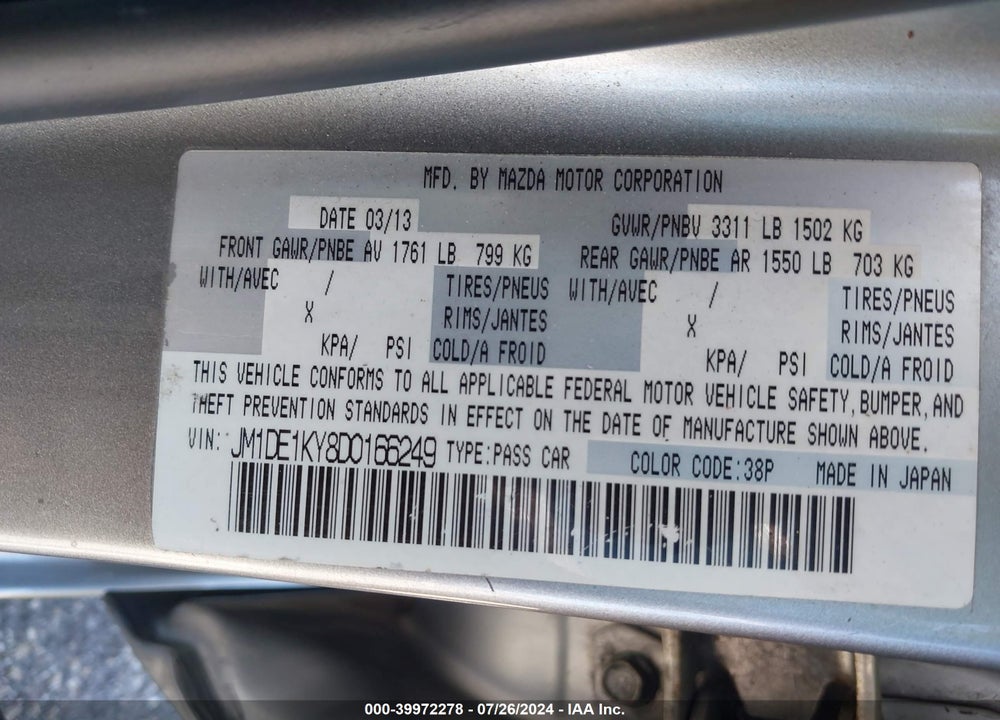 2013 MAZDA 2 SPORT VIN: JM1DE1KY8D0166249