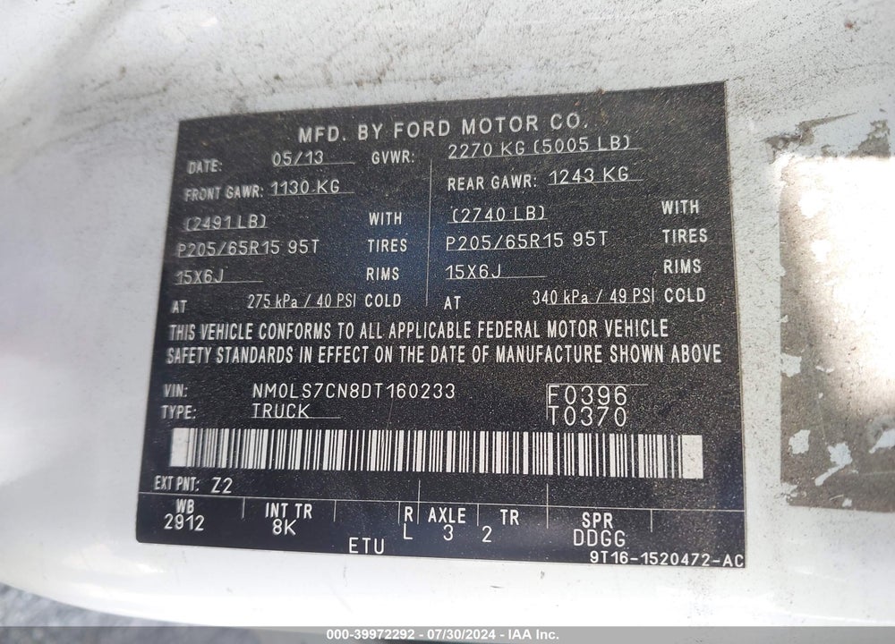 2013 FORD TRANSIT CONNECT XL VIN: NM0LS7CN8DT160233