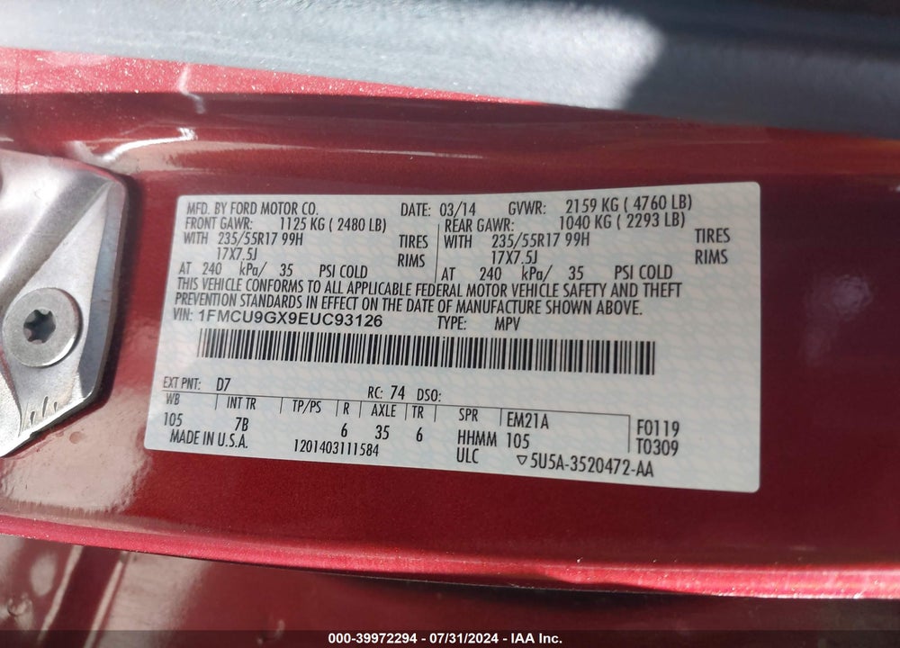 2014 FORD ESCAPE SE VIN: 1FMCU9GX9EUC93126