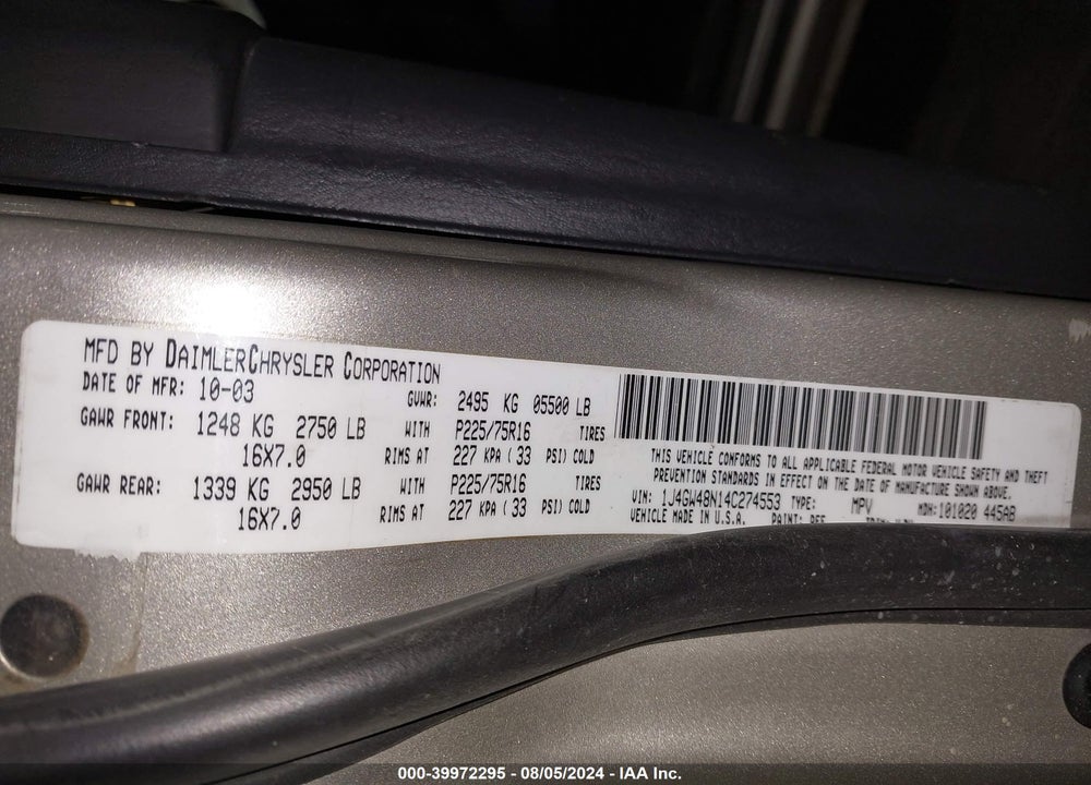 2004 JEEP GRAND CHEROKEE LAREDO VIN: 1J4GW48N14C274553