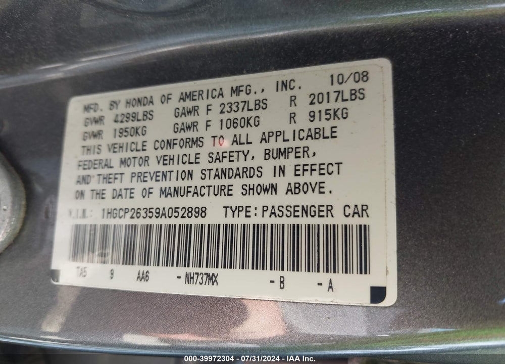 2009 HONDA ACCORD 2.4 LX VIN: 1HGCP26359A052898