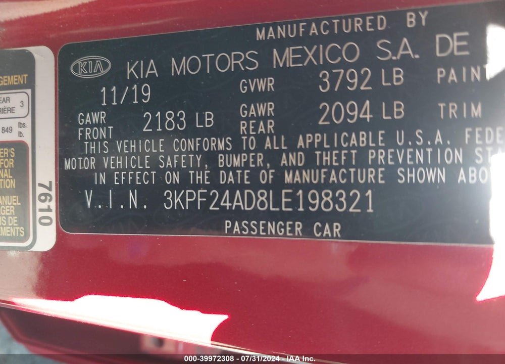 2020 KIA FORTE LXS VIN: 3KPF24AD8LE198321