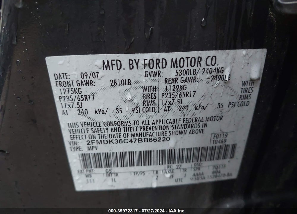 2007 FORD EDGE VIN: 2FMDK36C47BB66220