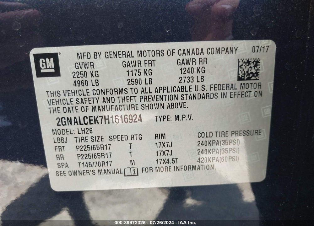 2017 CHEVROLET EQUINOX LT VIN: 2GNALCEK7H1616924