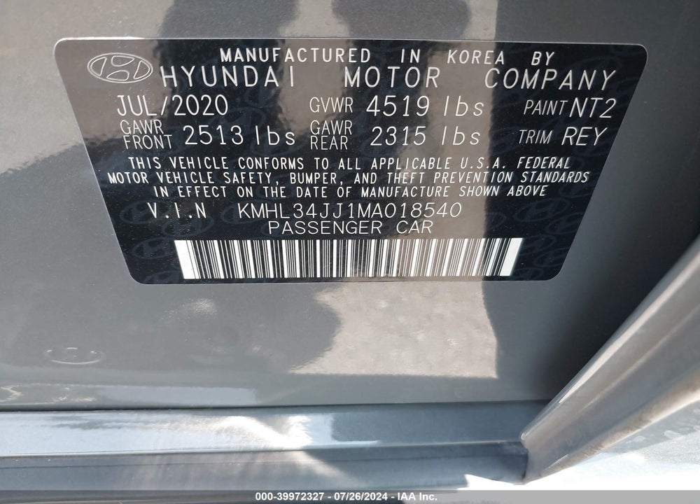 2021 HYUNDAI SONATA SEL VIN: KMHL34JJ1MA018540
