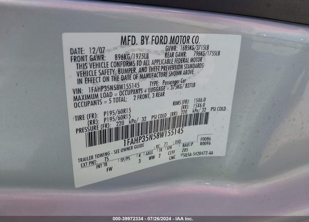 2008 FORD FOCUS SE/SES VIN: 1FAHP35N58W155145