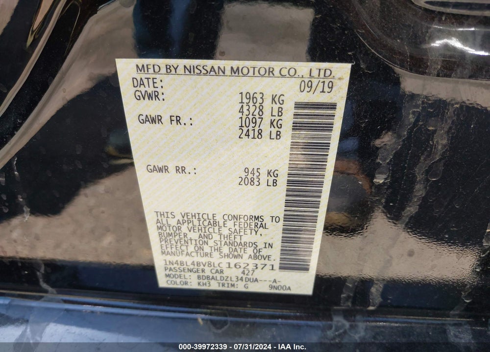 2020 NISSAN ALTIMA S FWD VIN: 1N4BL4BV8LC162371