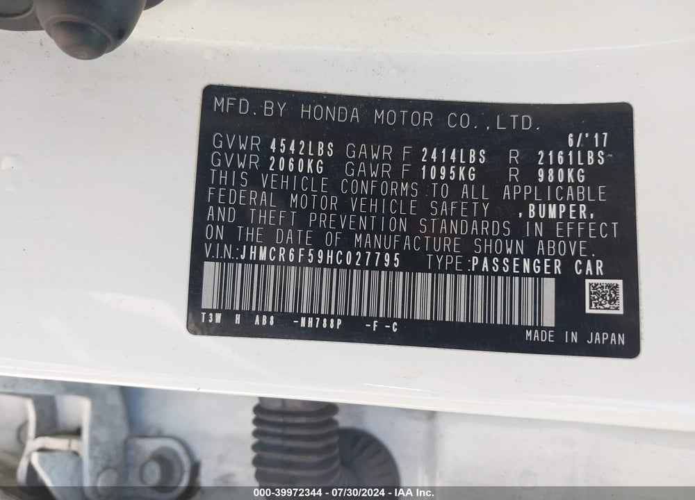 2017 HONDA ACCORD HYBRID EX-L VIN: JHMCR6F59HC027795
