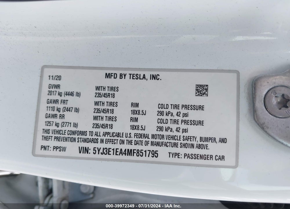 2021 TESLA MODEL 3 STANDARD RANGE PLUS REAR-WHEEL DRIVE VIN: 5YJ3E1EA4MF851795