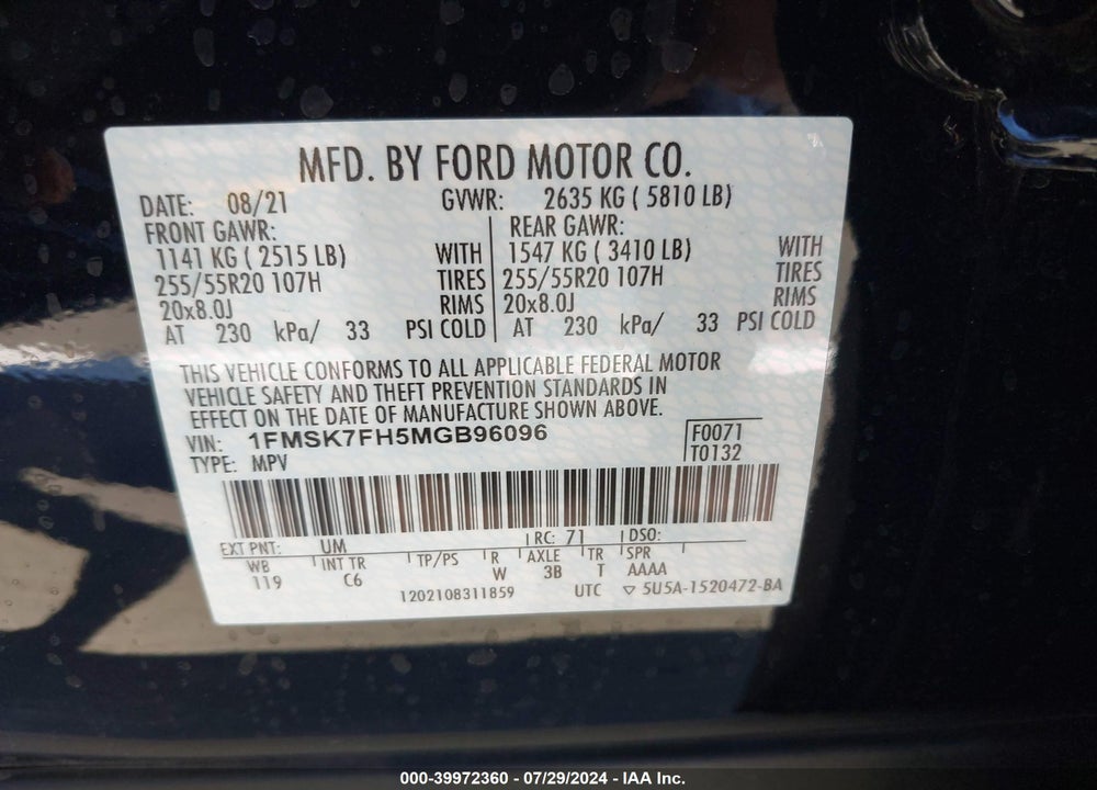 2021 FORD EXPLORER LIMITED VIN: 1FMSK7FH5MGB96096