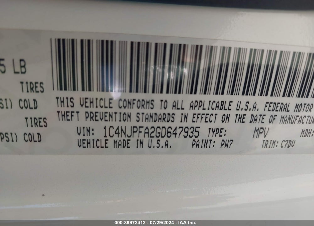 2016 JEEP PATRIOT LATITUDE VIN: 1C4NJPFA2GD647935