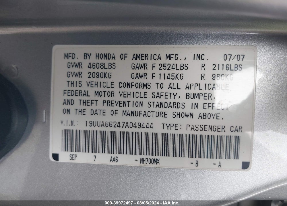 2007 ACURA TL 3.2 VIN: 19UUA66247A049444