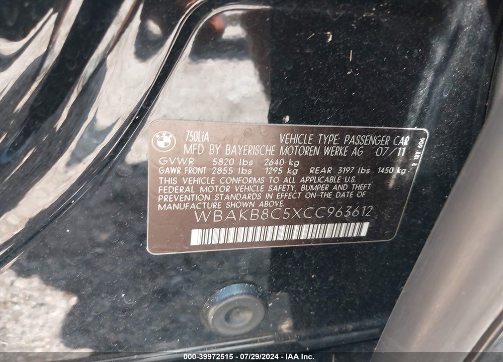 2012 BMW 750LI VIN: WBAKB8C5XCC963612