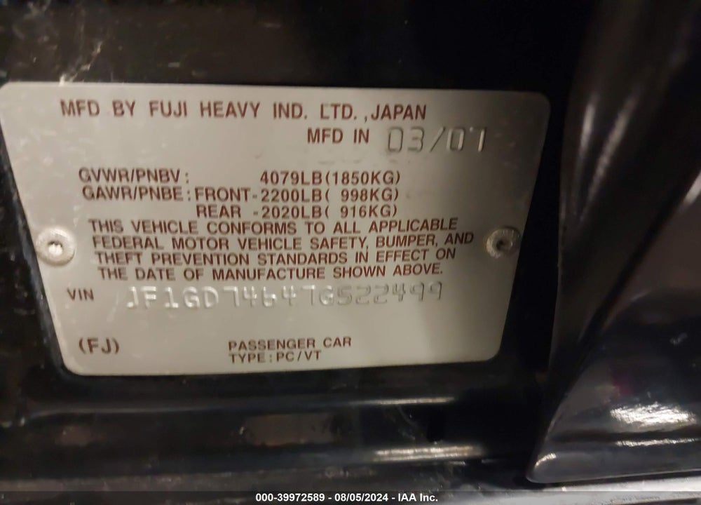 2007 SUBARU IMPREZA WRX LIMITED VIN: JF1GD74647G522499