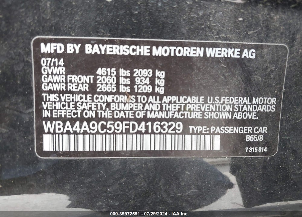 2015 BMW 428 GRAN COUPE VIN: WBA4A9C59FD416329