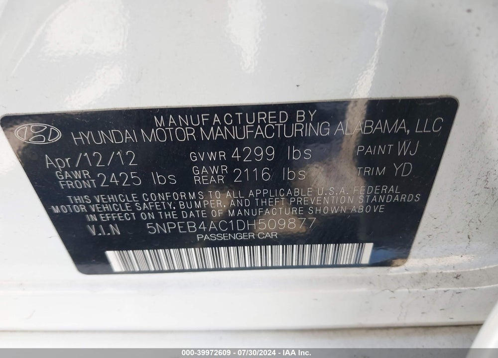 2013 HYUNDAI SONATA GLS VIN: 5NPEB4AC1DH509877