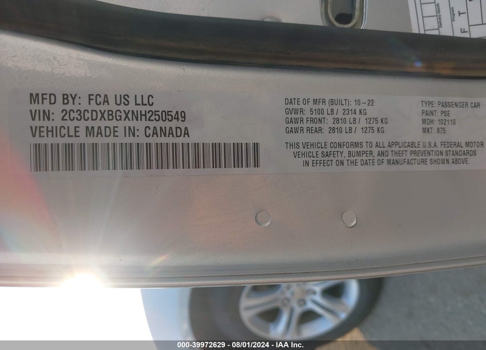 2022 DODGE CHARGER SXT RWD VIN: 2C3CDXBGXNH250549