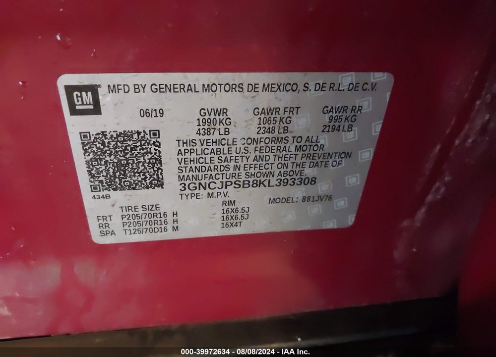 2019 CHEVROLET TRAX LT VIN: 3GNCJPSB8KL393308