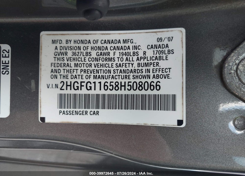 2008 HONDA CIVIC LX VIN: 2HGFG11658H508066