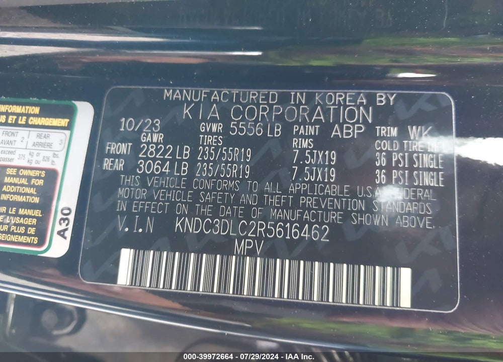 2024 KIA EV6 LIGHT LONG RANGE VIN: KNDC3DLC2R5616462
