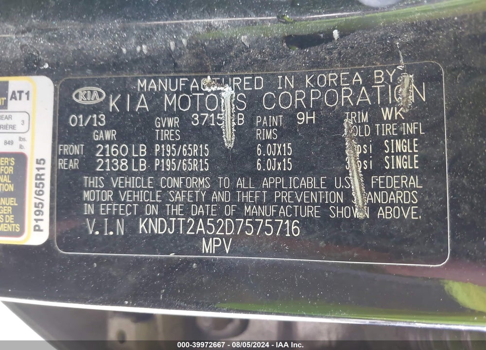 2013 KIA SOUL VIN: KNDJT2A52D7575716