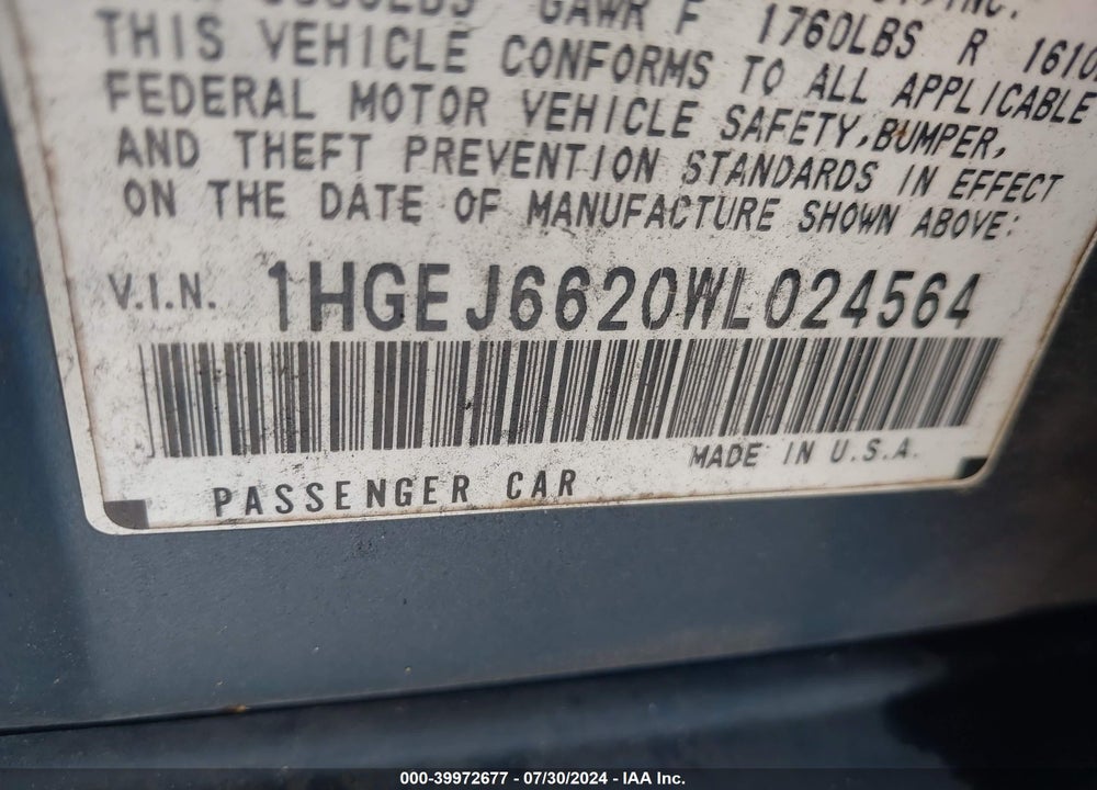 1998 HONDA CIVIC DX VIN: 1HGEJ6620WL024564